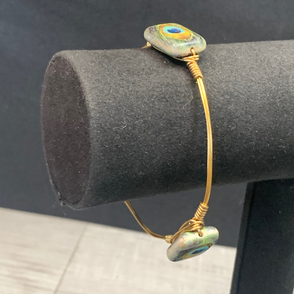Handmade Peacock Feather Square Bead Gold Tone Wire Wrapped Bangle Bracelet 8in